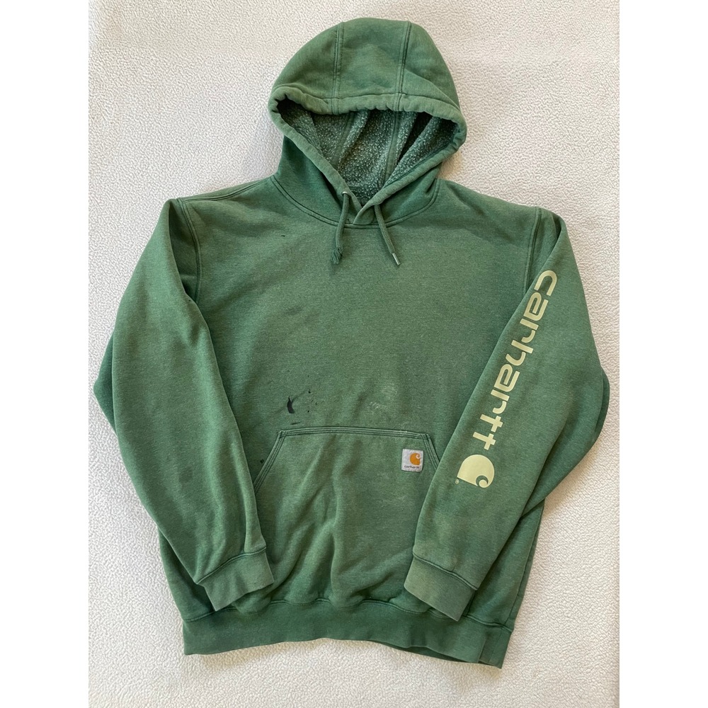 Trashed Faded Carhartt Mens Large Hoodie Green Loose Fit Sleeve Logo Graphic